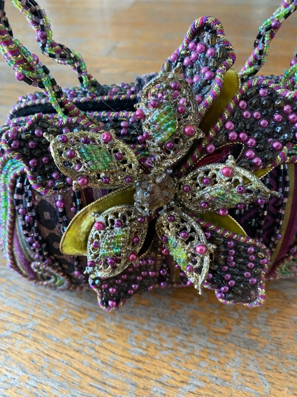 Mary Frances Hand Beaded 3D Floral Handle Evening Bag in Purple & Green - Picture 2 of 10